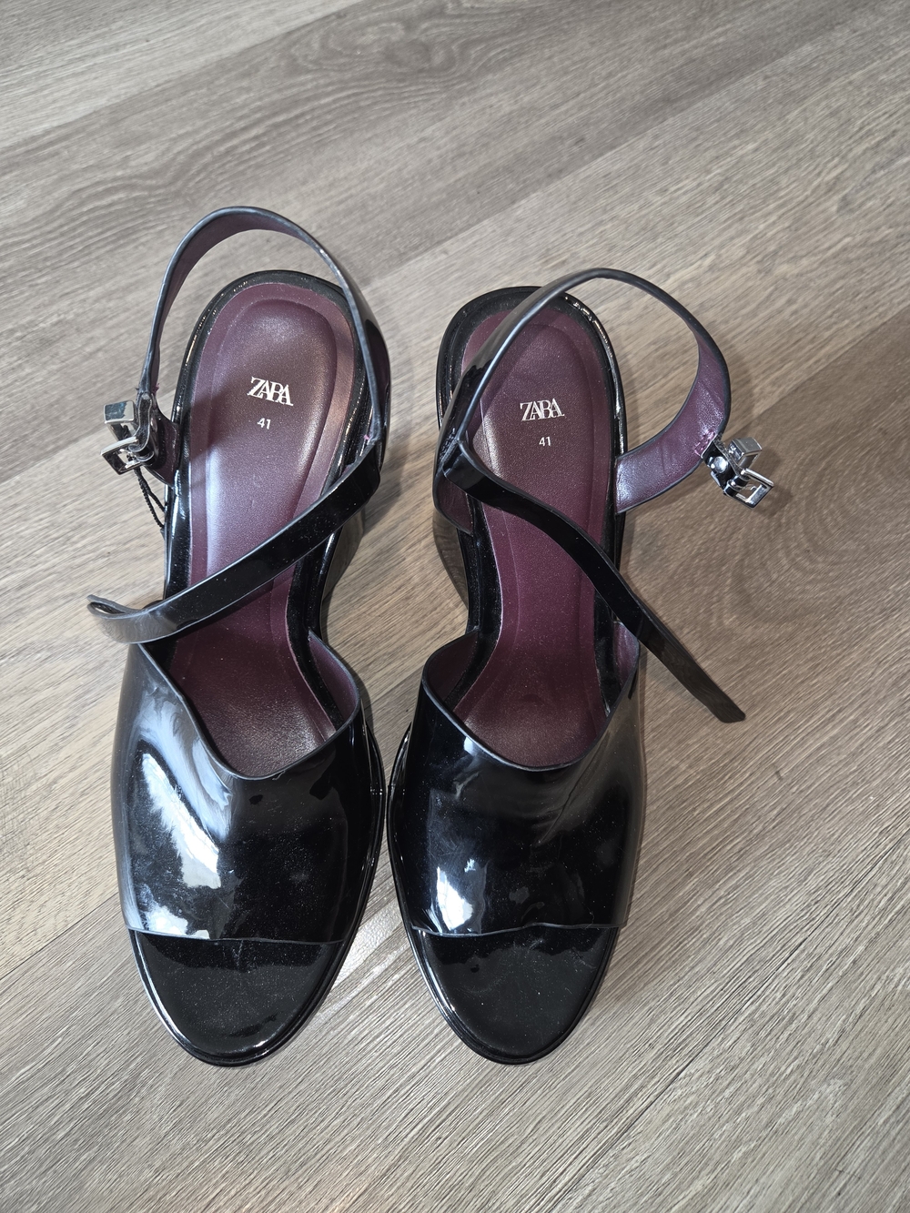 Zara Black Faux Patent Leather Wedge Sandals